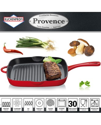 Tigaie grill patrata, 26x26cm, fonta, rosie, colectia Provence - KUCHENPROFI